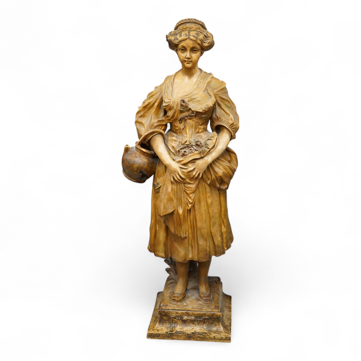 A French pottery figure of a lady, ‘La Cruche Cassée’, manufactured by Van Hasselt & Cie, 73cm